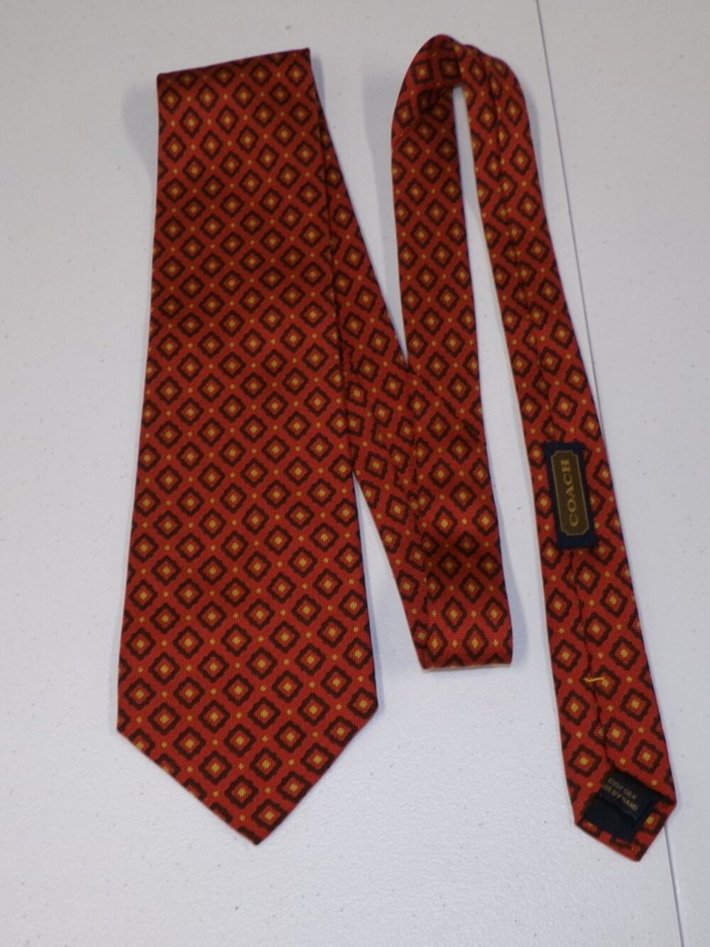Vintage Coach 100% Silk Made in the USA Orange Red Diamond Geometric Neck Tie